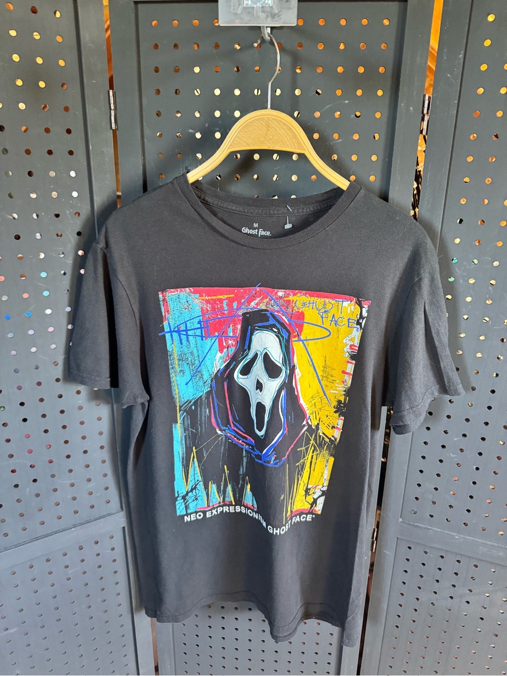 Black Ghostface Graphic Tee with Colorful Neo-Expressionist Print